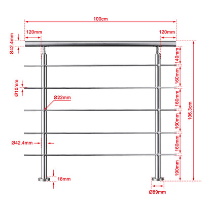 OZEAN Treppengeländer Edelstahl mit 5 Querstreben | 80 - 200 cm | 1.8mm Wandstärke Bodenmontage Silber