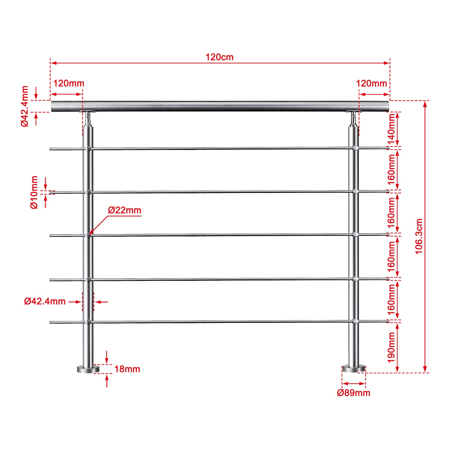 OZEAN Treppengeländer Edelstahl mit 5 Querstreben | 80 - 200 cm | 1.8mm Wandstärke Bodenmontage Silber