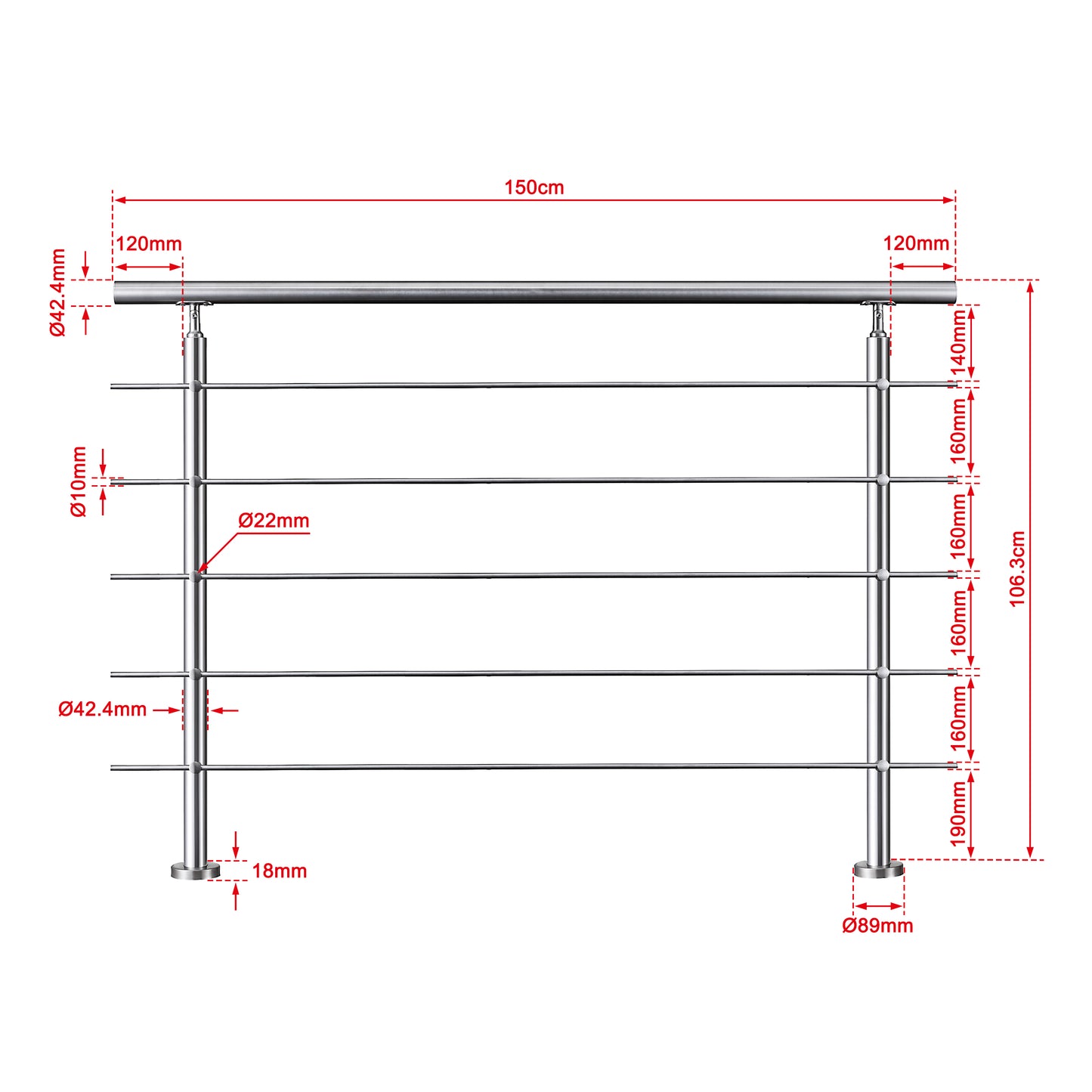 OZEAN Treppengeländer Edelstahl mit 5 Querstreben | 80 - 200 cm | 1.8mm Wandstärke Bodenmontage Silber