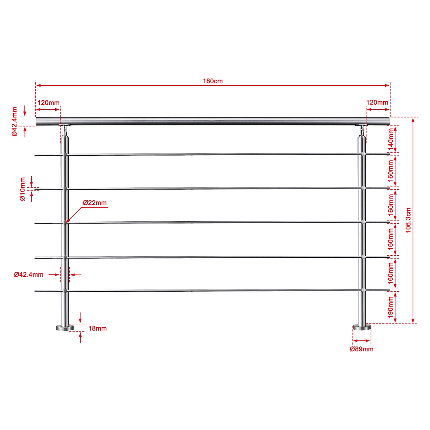 OZEAN Treppengeländer Edelstahl mit 5 Querstreben | 80 - 200 cm | 1.8mm Wandstärke Bodenmontage Silber