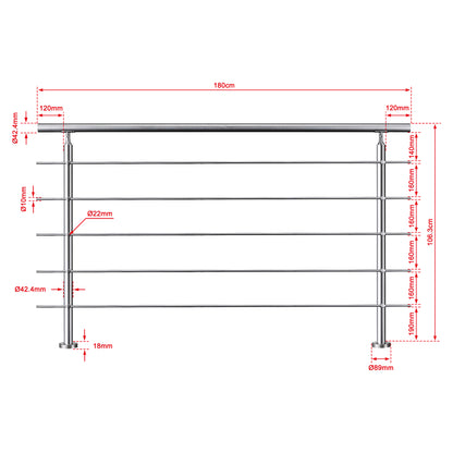 OZEAN Treppengeländer Edelstahl mit 5 Querstreben | 80 - 200 cm | 1.8mm Wandstärke Bodenmontage Silber