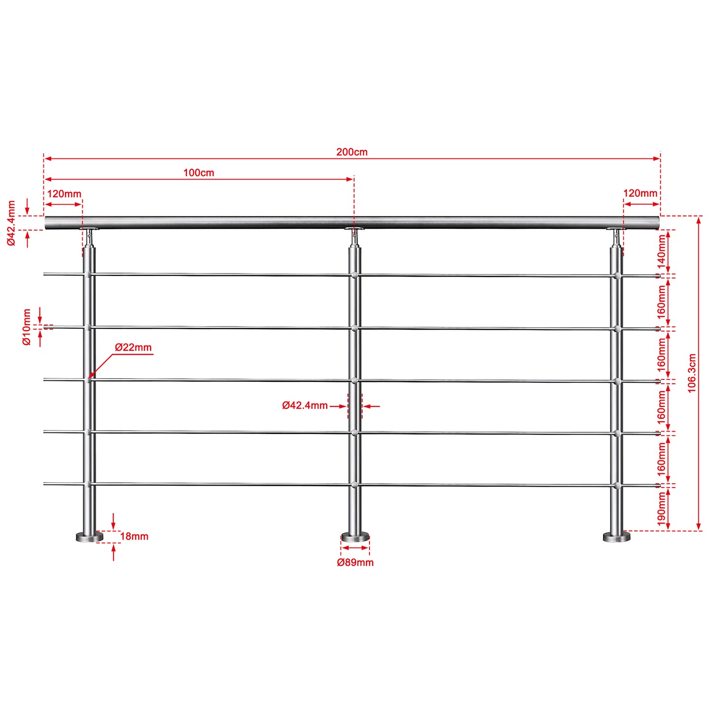 OZEAN Treppengeländer Edelstahl mit 5 Querstreben | 80 - 200 cm | 1.8mm Wandstärke Bodenmontage Silber
