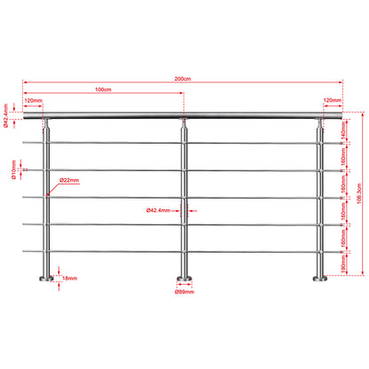 OZEAN Treppengeländer Edelstahl mit 5 Querstreben | 80 - 200 cm | 1.8mm Wandstärke Bodenmontage Silber