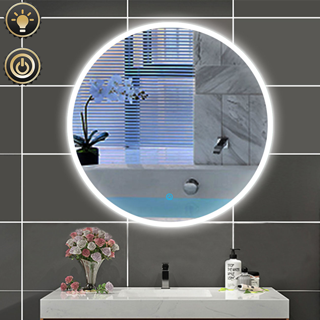 LED Badspiegel Rund 60cm, Runder Wandspiegel mit Touchschalter und Kaltweiß IP44