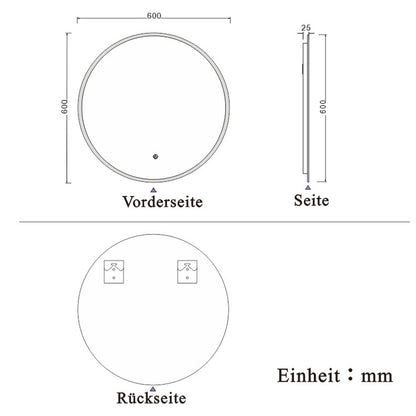 Rund LED Spiegel 60cm, Wandspiegel mit Touch/Wandschalter Beschlagfrei 3 Lichfarbe Dimmbar Runder Spiegel mit LED Beleuchtung IP44