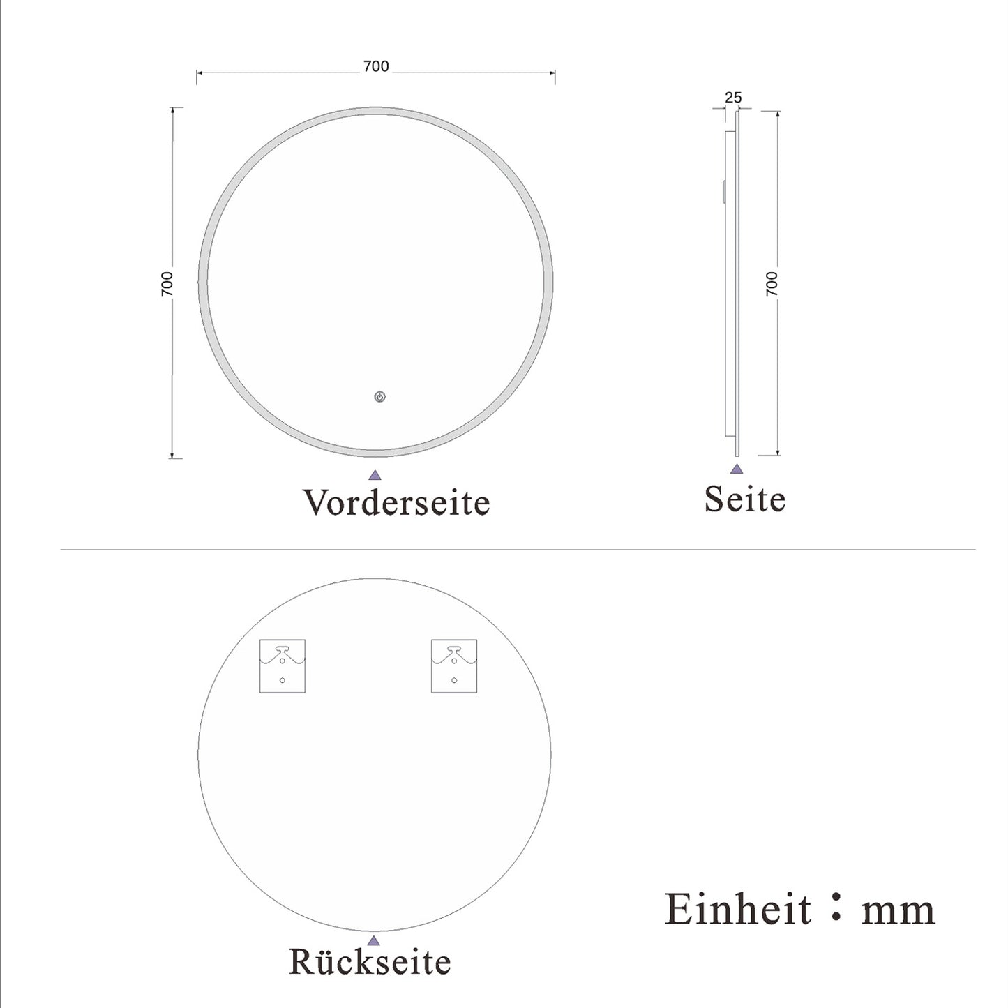 Rund LED Spiegel 70cm, Wandspiegel mit Touch/Wandschalter Beschlagfrei 3 Lichfarbe Dimmbar Runder Spiegel mit LED Beleuchtung IP44