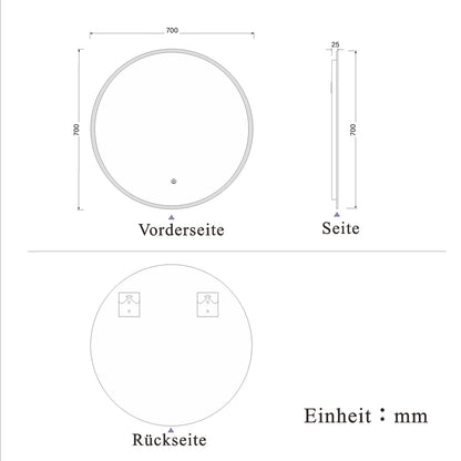 Rund LED Spiegel 70cm, Wandspiegel mit Touch/Wandschalter Beschlagfrei 3 Lichfarbe Dimmbar Runder Spiegel mit LED Beleuchtung IP44