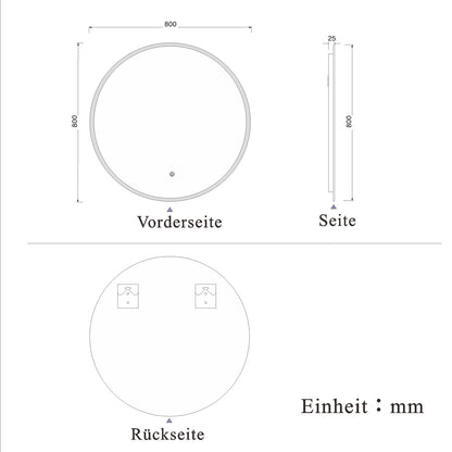 Rund LED Spiegel 80cm, Wandspiegel mit Touch/Wandschalter Beschlagfrei 3 Lichfarbe Dimmbar Runder Spiegel mit LED Beleuchtung IP44