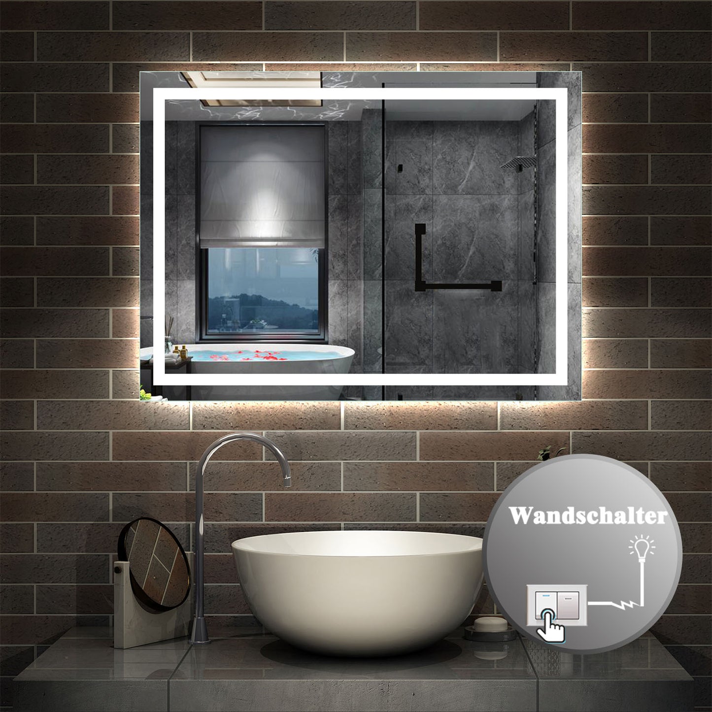 LED Spiegel 80x60 cm Wandschalter BESCHLAGFREI Spiegel mit Beleuchtung  Lichtspiegel Wandspiegel