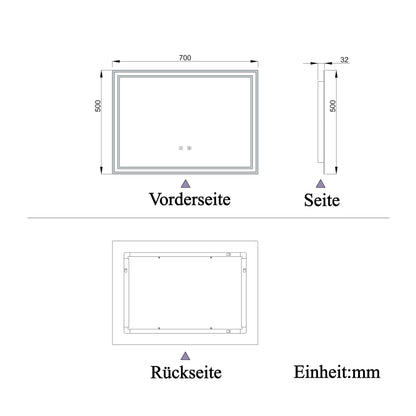 LED Badspiegel 70x50 cm Bluetooth TOUCH BESCHLAGFREI Wandspiegel Kalt/Neutral/Warmweiß ,Dimmbar