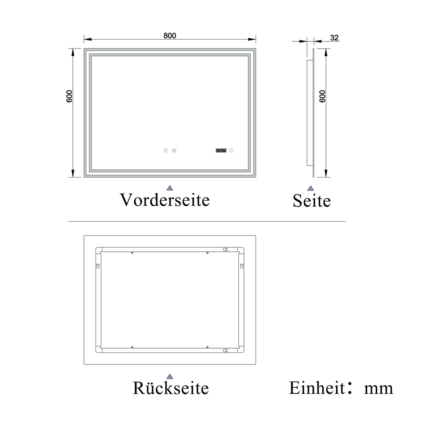 LED Badspiegel 80x60 cm Bluetooth Uhr 3-Facher Schminkspiegel TOUCH Anti-Beschlag  Kalt/Neutral/Warmweiß ,Dimmbar
