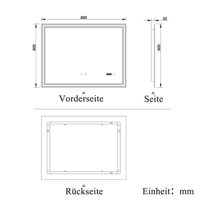 LED Badspiegel 80x60 cm Bluetooth Uhr 3-Facher Schminkspiegel TOUCH Anti-Beschlag  Kalt/Neutral/Warmweiß ,Dimmbar