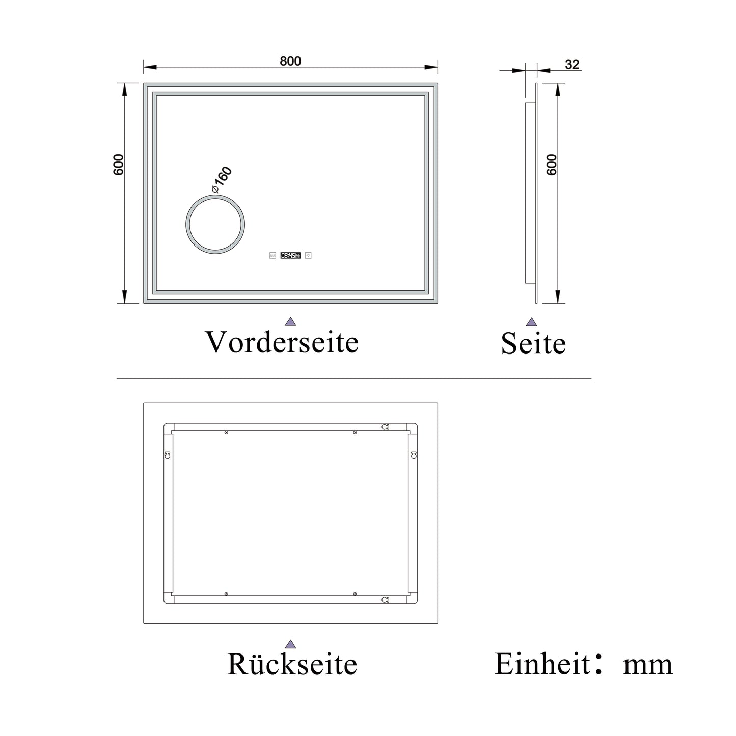 LED Badspiegel 80×60cm Uhr, Touch, Beschlagfrei, 3 Lichtfarbe 2700-6500K ,3x Lupe,Dimmbar,Wandspiegel