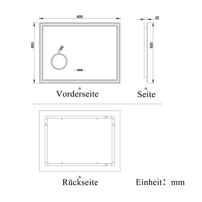 Badspiegel mit Beleuchtung 80x60cm LED Wandspiegel mit Uhr,Touch und 3x Vergrößernder Kosmetikspiegel,Badezimmerspiegel Beschlagfrei 3 Lichtfarbe 2700-6500K Dimmbar,IP44