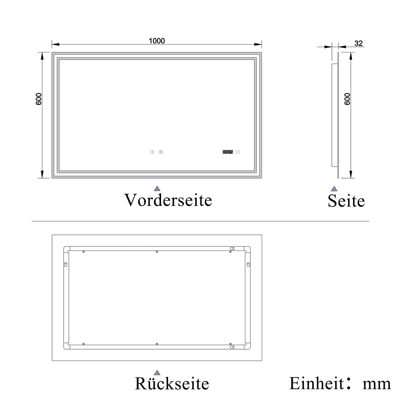 LED Badspiegel 100x60 cm Bluetooth Uhr TOUCH BESCHLAGFREI Wandspiegel Kalt/Neutral/Warmweiß ,Dimmbar
