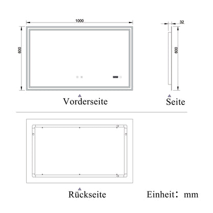LED Badspiegel 100x60 cm Bluetooth Uhr TOUCH BESCHLAGFREI Wandspiegel Kalt/Neutral/Warmweiß ,Dimmbar