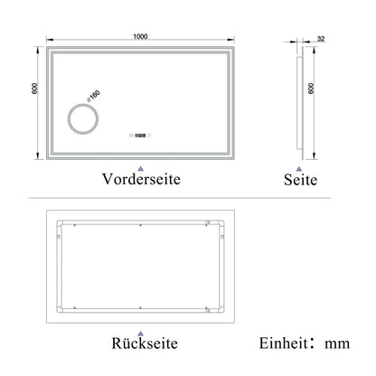 LED Badspiegel 100×60cm Uhr, Touch, Beschlagfrei, 3 Lichtfarbe 2700-6500K ,3x Lupe,Dimmbar,Wandspiegel