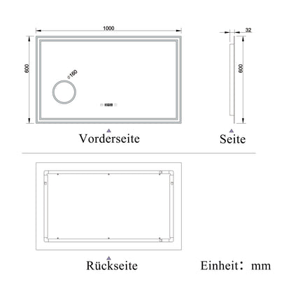 Badspiegel mit Beleuchtung 100x60cm LED Wandspiegel mit Uhr,Touch und 3x Vergrößernder Kosmetikspiegel,Badezimmerspiegel Beschlagfrei 3 Lichtfarbe 2700-6500K Dimmbar,IP44