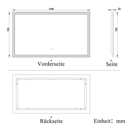 LED Badspiegel 120x70 cm Bluetooth TOUCH BESCHLAGFREI Wandspiegel Kalt/Neutral/Warmweiß ,Dimmbar