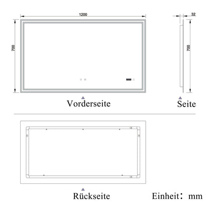 LED Badspiegel 120x70 cm Bluetooth Uhr 3-Facher Schminkspiegel TOUCH Anti-Beschlag  Kalt/Neutral/Warmweiß ,Dimmbar