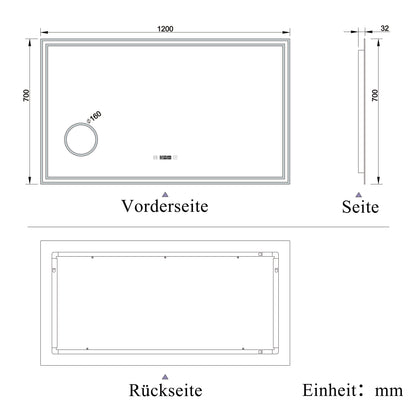 LED Badspiegel 120×70cm Uhr, Touch, Beschlagfrei, 3 Lichtfarbe 2700-6500K ,3x Lupe,Dimmbar,Wandspiegel