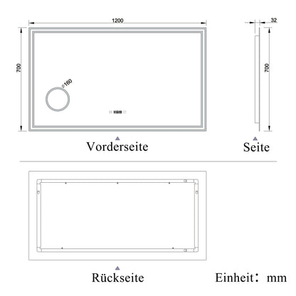 Badspiegel mit Beleuchtung 120x70cm LED Wandspiegel mit Uhr,Touch und 3x Vergrößernder Kosmetikspiegel,Badezimmerspiegel Beschlagfrei 3 Lichtfarbe 2700-6500K Dimmbar,IP44