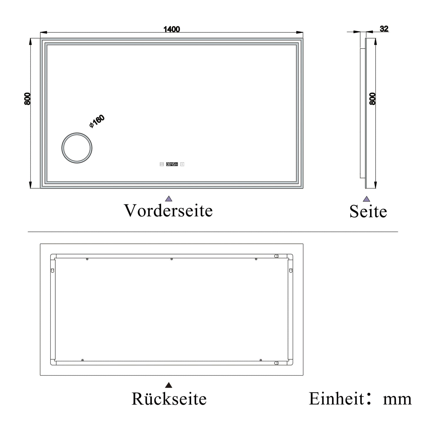 Badspiegel mit Beleuchtung 140x80cm LED Wandspiegel mit Uhr,Touch und 3x Vergrößernder Kosmetikspiegel,Badezimmerspiegel Beschlagfrei 3 Lichtfarbe 2700-6500K Dimmbar,IP44