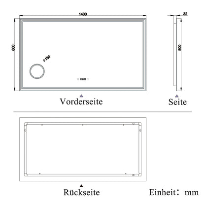 Badspiegel mit Beleuchtung 140x80cm LED Wandspiegel mit Uhr,Touch und 3x Vergrößernder Kosmetikspiegel,Badezimmerspiegel Beschlagfrei 3 Lichtfarbe 2700-6500K Dimmbar,IP44
