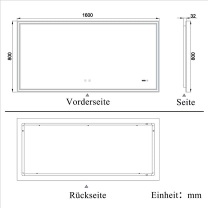 LED Badspiegel 160x80 cm Bluetooth Uhr TOUCH BESCHLAGFREI Wandspiegel Kalt/Neutral/Warmweiß ,Dimmbar