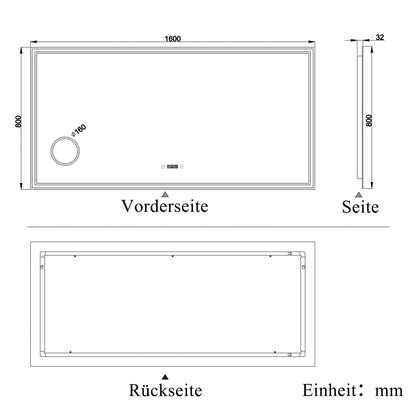 LED Badspiegel 160×80cm Uhr, Touch, Beschlagfrei, 3 Lichtfarbe 2700-6500K ,3x Lupe,Dimmbar,Wandspiegel