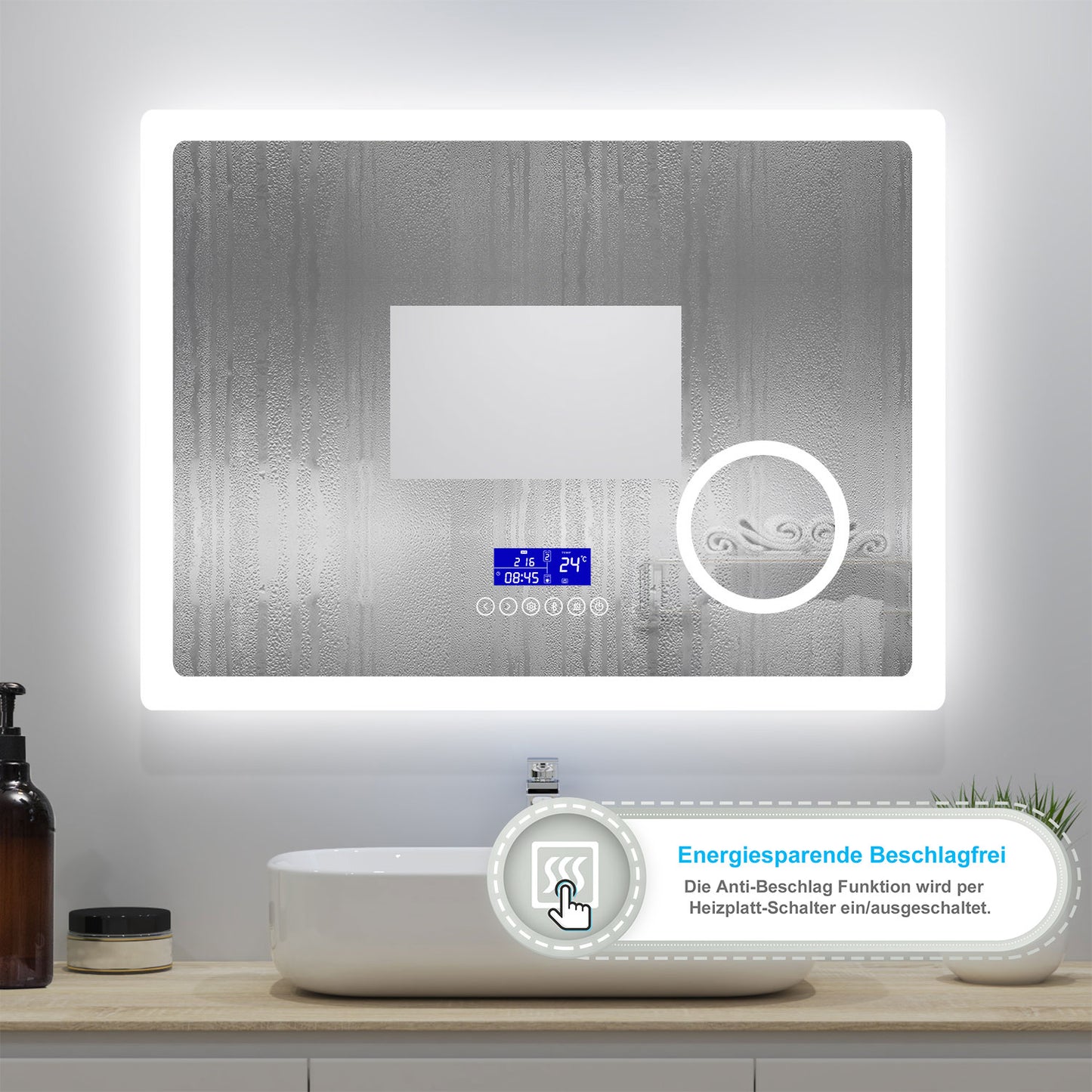 100x60cm LED Badspiegel mit Bluetooth,Touch und 3x Vergrößernder Kosmetikspiegel,Badspiegel mit Beleuchtung,Beschlagfrei,Badezimmerspiegel mit 3 Lichtfarbe 2700-6500K Dimmbar,IP44