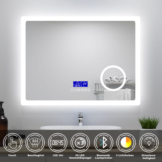 100x60cm LED Badspiegel mit Bluetooth,Touch und 3x Vergrößernder Kosmetikspiegel,Badspiegel mit Beleuchtung,Beschlagfrei,Badezimmerspiegel mit 3 Lichtfarbe 2700-6500K Dimmbar,IP44