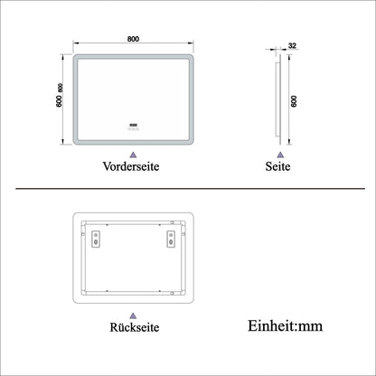 80x60cm LED Badspiegel mit Bluetooth und Uhr,Badspiegel mit Beleuchtung,Touch,Beschlagfrei,Badezimmerspiegel mit 3 Lichtfarbe 2700-6500K Dimmbar,IP44