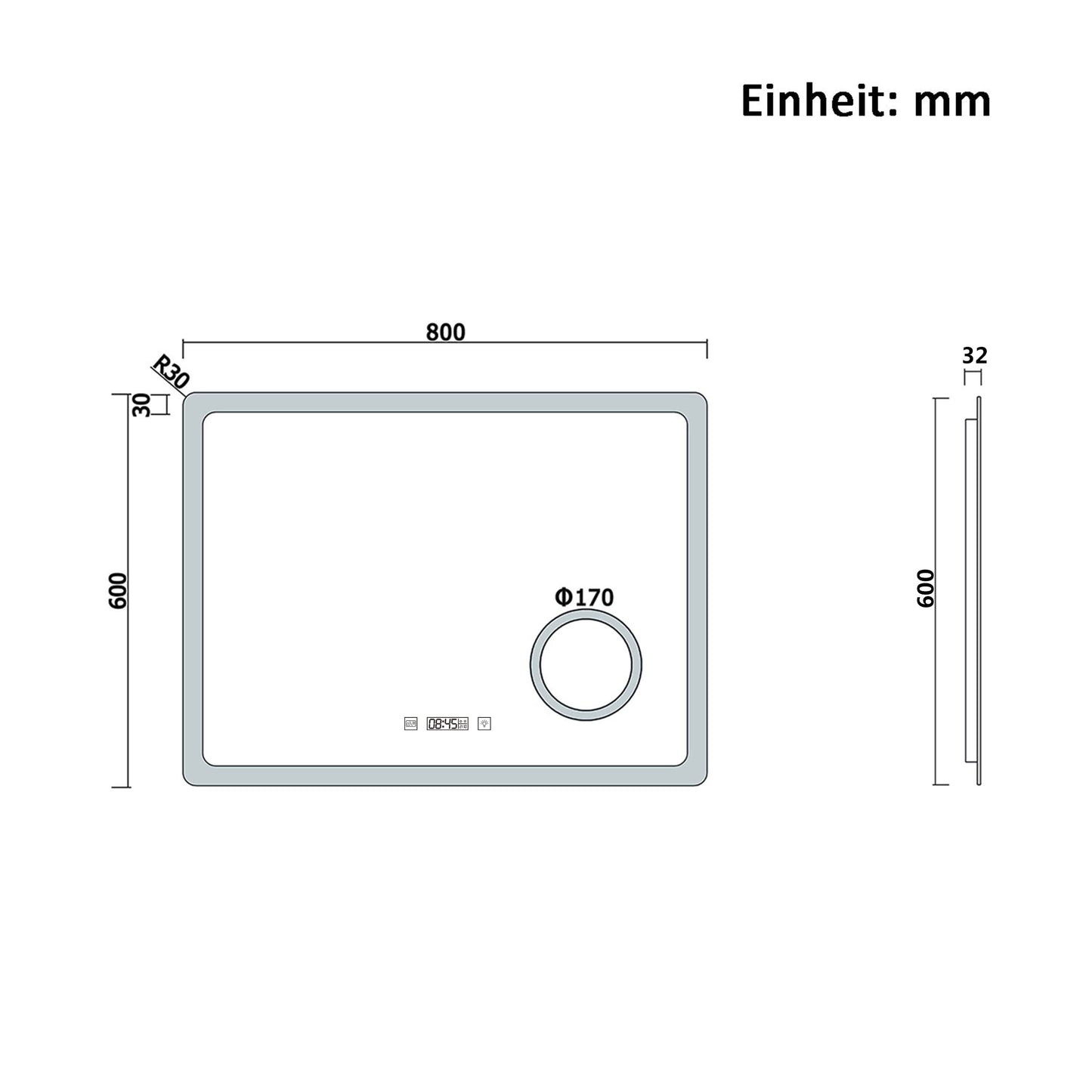 80x60cm LED Badspiegel mit Uhr,Touch und 3x Vergrößernder Kosmetikspiegel,Badspiegel mit Beleuchtung,Beschlagfrei,Badezimmerspiegel mit 3 Lichtfarbe 2700-6500K Dimmbar,IP44