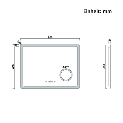 80x60cm LED Badspiegel mit Uhr,Touch und 3x Vergrößernder Kosmetikspiegel,Badspiegel mit Beleuchtung,Beschlagfrei,Badezimmerspiegel mit 3 Lichtfarbe 2700-6500K Dimmbar,IP44