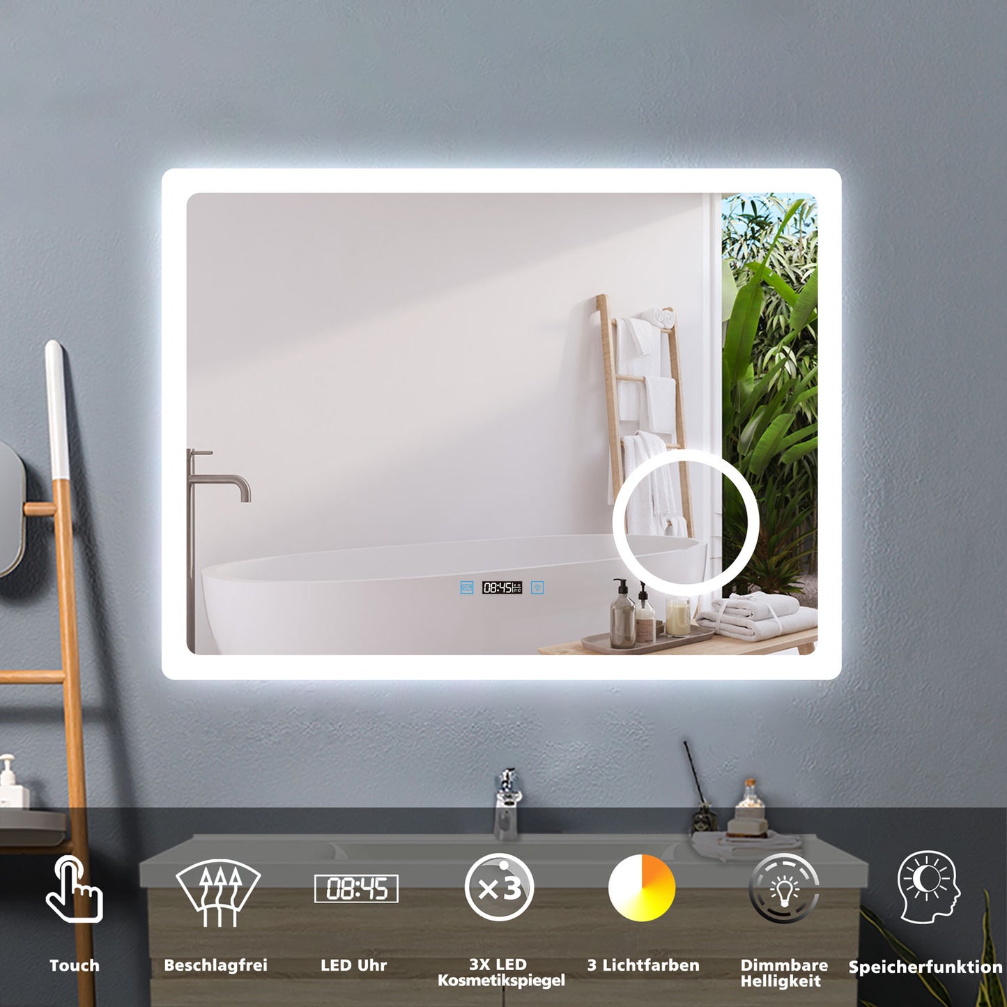 100x60cm LED Badspiegel mit Uhr,Touch und 3x Vergrößernder Kosmetikspiegel,Badspiegel mit Beleuchtung,Beschlagfrei,Badezimmerspiegel mit 3 Lichtfarbe 2700-6500K Dimmbar,IP44