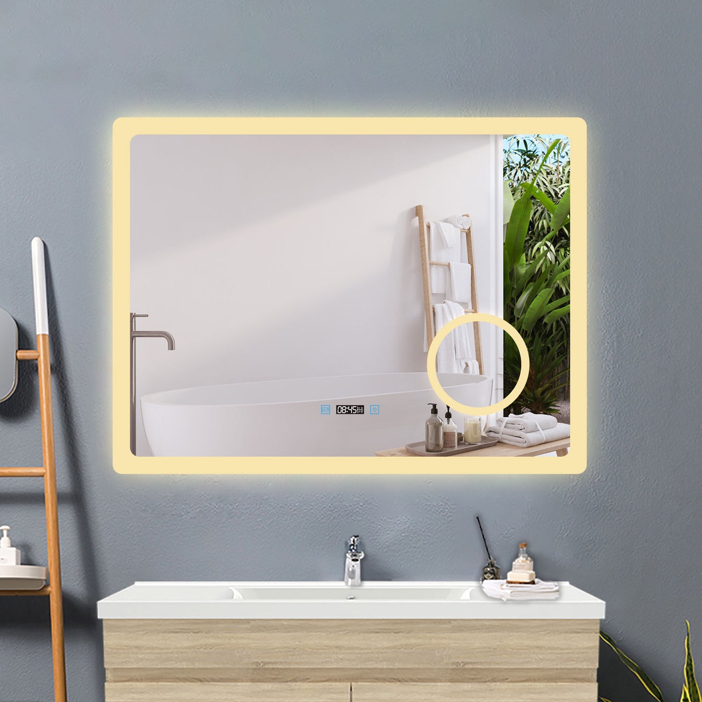 100x60cm LED Badspiegel mit Uhr,Touch und 3x Vergrößernder Kosmetikspiegel,Badspiegel mit Beleuchtung,Beschlagfrei,Badezimmerspiegel mit 3 Lichtfarbe 2700-6500K Dimmbar,IP44