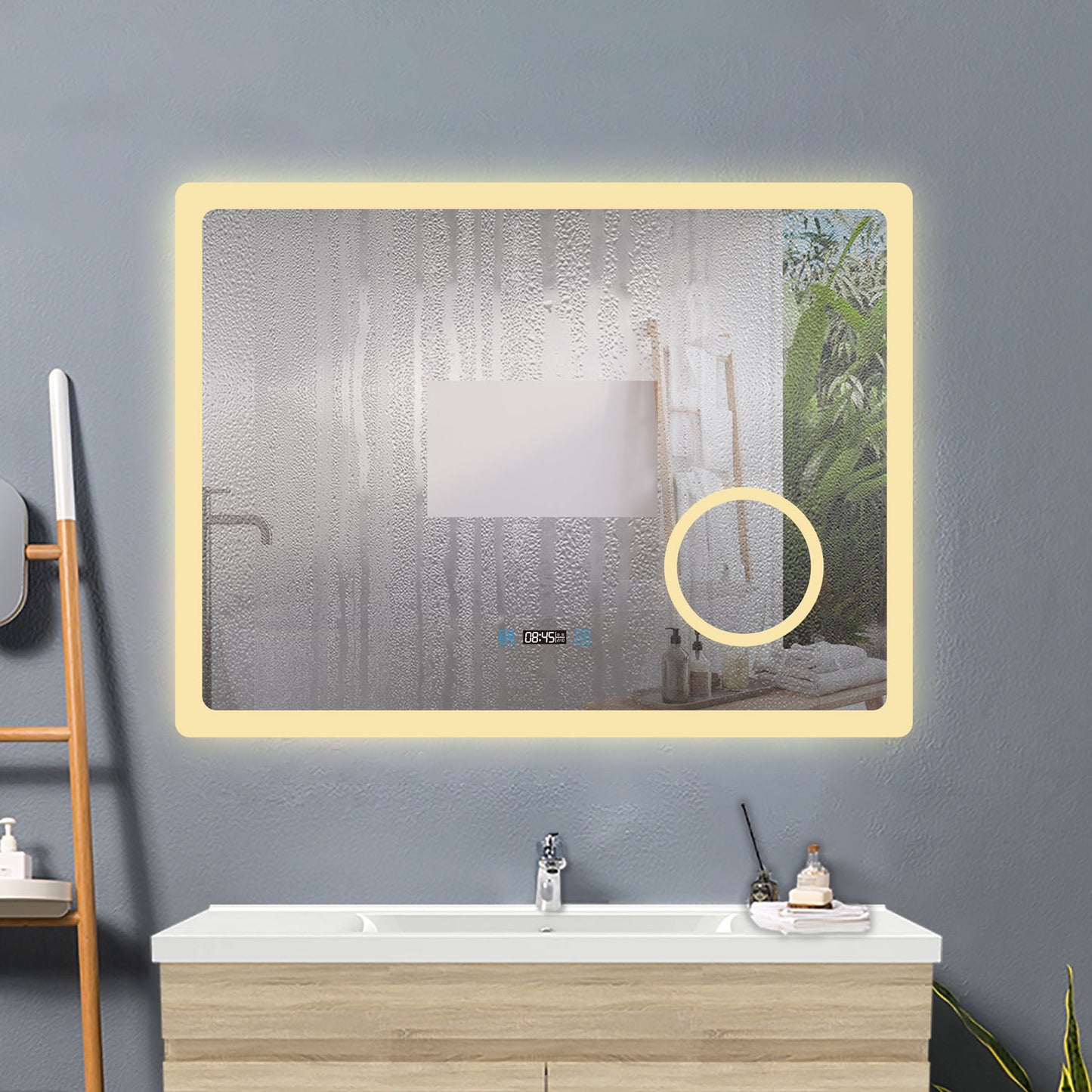 100x60cm LED Badspiegel mit Uhr,Touch und 3x Vergrößernder Kosmetikspiegel,Badspiegel mit Beleuchtung,Beschlagfrei,Badezimmerspiegel mit 3 Lichtfarbe 2700-6500K Dimmbar,IP44