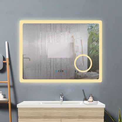 100x60cm LED Badspiegel mit Uhr,Touch und 3x Vergrößernder Kosmetikspiegel,Badspiegel mit Beleuchtung,Beschlagfrei,Badezimmerspiegel mit 3 Lichtfarbe 2700-6500K Dimmbar,IP44