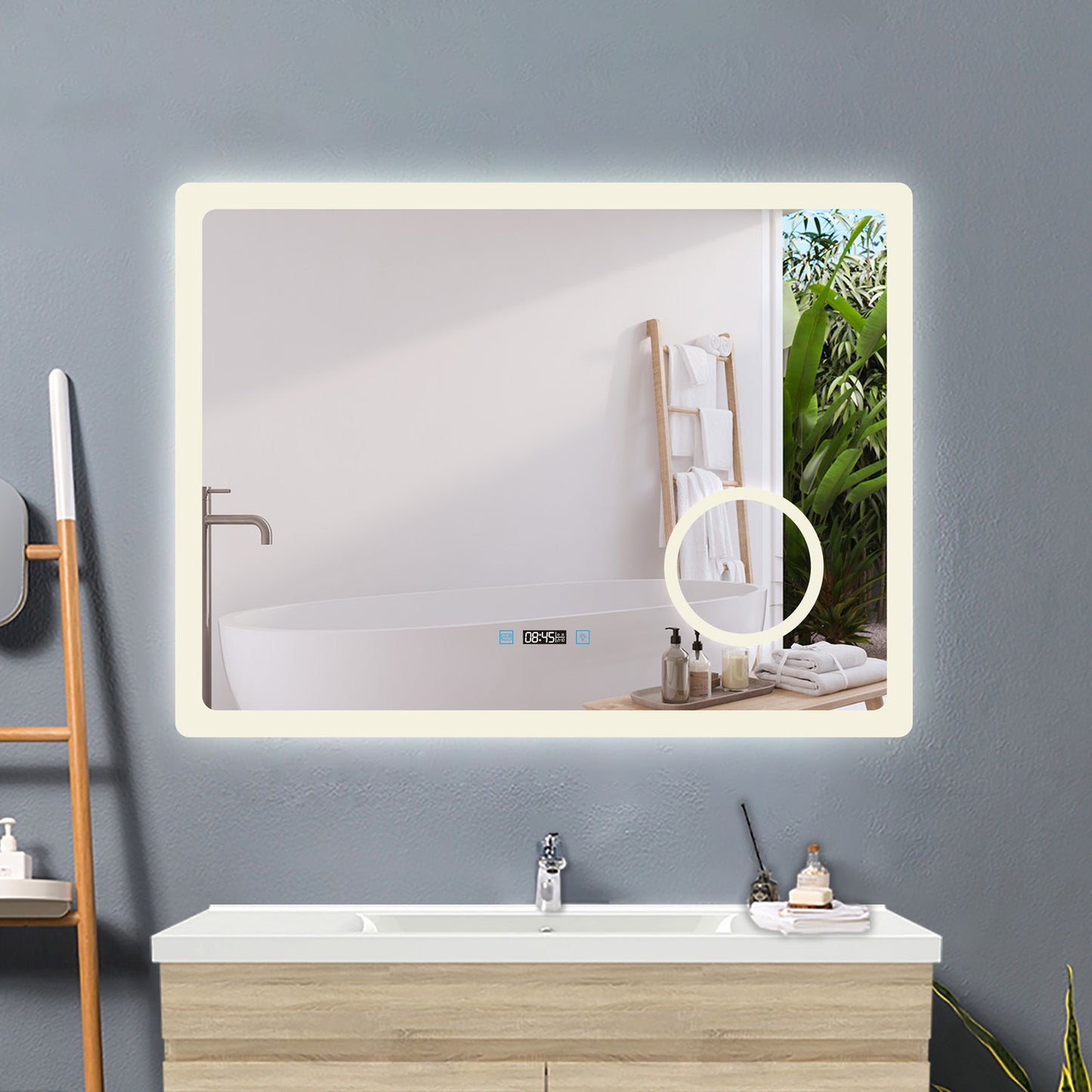 100x60cm LED Badspiegel mit Uhr,Touch und 3x Vergrößernder Kosmetikspiegel,Badspiegel mit Beleuchtung,Beschlagfrei,Badezimmerspiegel mit 3 Lichtfarbe 2700-6500K Dimmbar,IP44