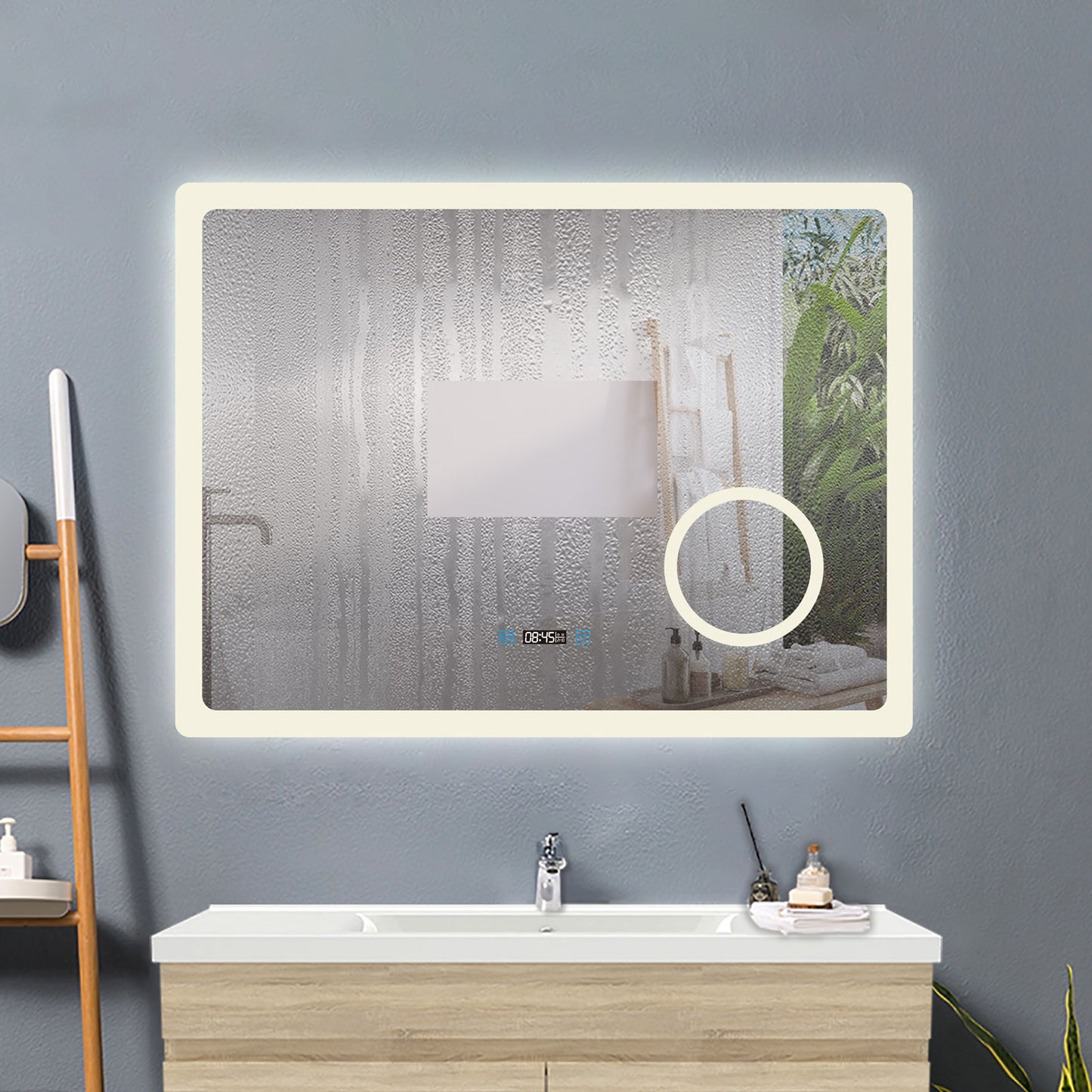 100x60cm LED Badspiegel mit Uhr,Touch und 3x Vergrößernder Kosmetikspiegel,Badspiegel mit Beleuchtung,Beschlagfrei,Badezimmerspiegel mit 3 Lichtfarbe 2700-6500K Dimmbar,IP44