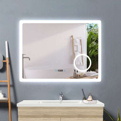 100x60cm LED Badspiegel mit Uhr,Touch und 3x Vergrößernder Kosmetikspiegel,Badspiegel mit Beleuchtung,Beschlagfrei,Badezimmerspiegel mit 3 Lichtfarbe 2700-6500K Dimmbar,IP44