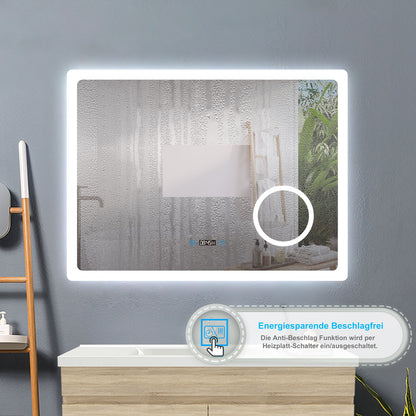 100x60cm LED Badspiegel mit Uhr,Touch und 3x Vergrößernder Kosmetikspiegel,Badspiegel mit Beleuchtung,Beschlagfrei,Badezimmerspiegel mit 3 Lichtfarbe 2700-6500K Dimmbar,IP44