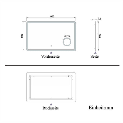 LED Wandspiegel 100×60cm Touch/Wandschalter Beschlagfrei 3 Lichtfarbe Dimmbar Badezimmerspiegel mit 3-Fach Vergrößerung Schminkspiegel IP44