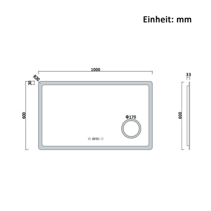 100x60cm LED Badspiegel mit Uhr,Touch und 3x Vergrößernder Kosmetikspiegel,Badspiegel mit Beleuchtung,Beschlagfrei,Badezimmerspiegel mit 3 Lichtfarbe 2700-6500K Dimmbar,IP44