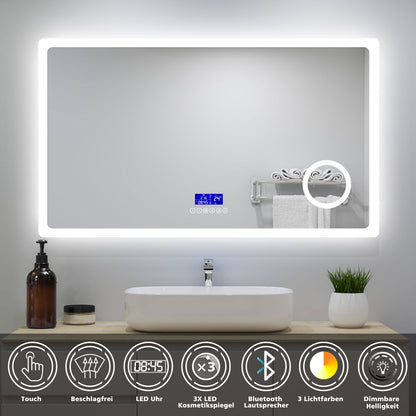 160x80cm LED Badspiegel mit Bluetooth,Touch und 3x Vergrößernder Kosmetikspiegel,Badspiegel mit Beleuchtung,Beschlagfrei,Badezimmerspiegel mit 3 Lichtfarbe 2700-6500K Dimmbar,IP44