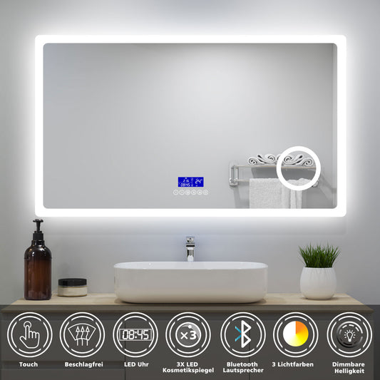 160x80cm LED Badspiegel mit Bluetooth,Touch und 3x Vergrößernder Kosmetikspiegel,Badspiegel mit Beleuchtung,Beschlagfrei,Badezimmerspiegel mit 3 Lichtfarbe 2700-6500K Dimmbar,IP44