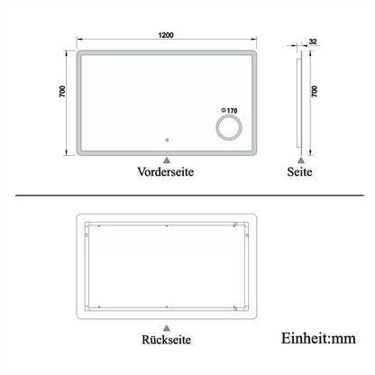LED Wandspiegel 120×70cm Touch/Wandschalter Beschlagfrei 3 Lichtfarbe Dimmbar Badezimmerspiegel mit 3-Fach Vergrößerung Schminkspiegel IP44