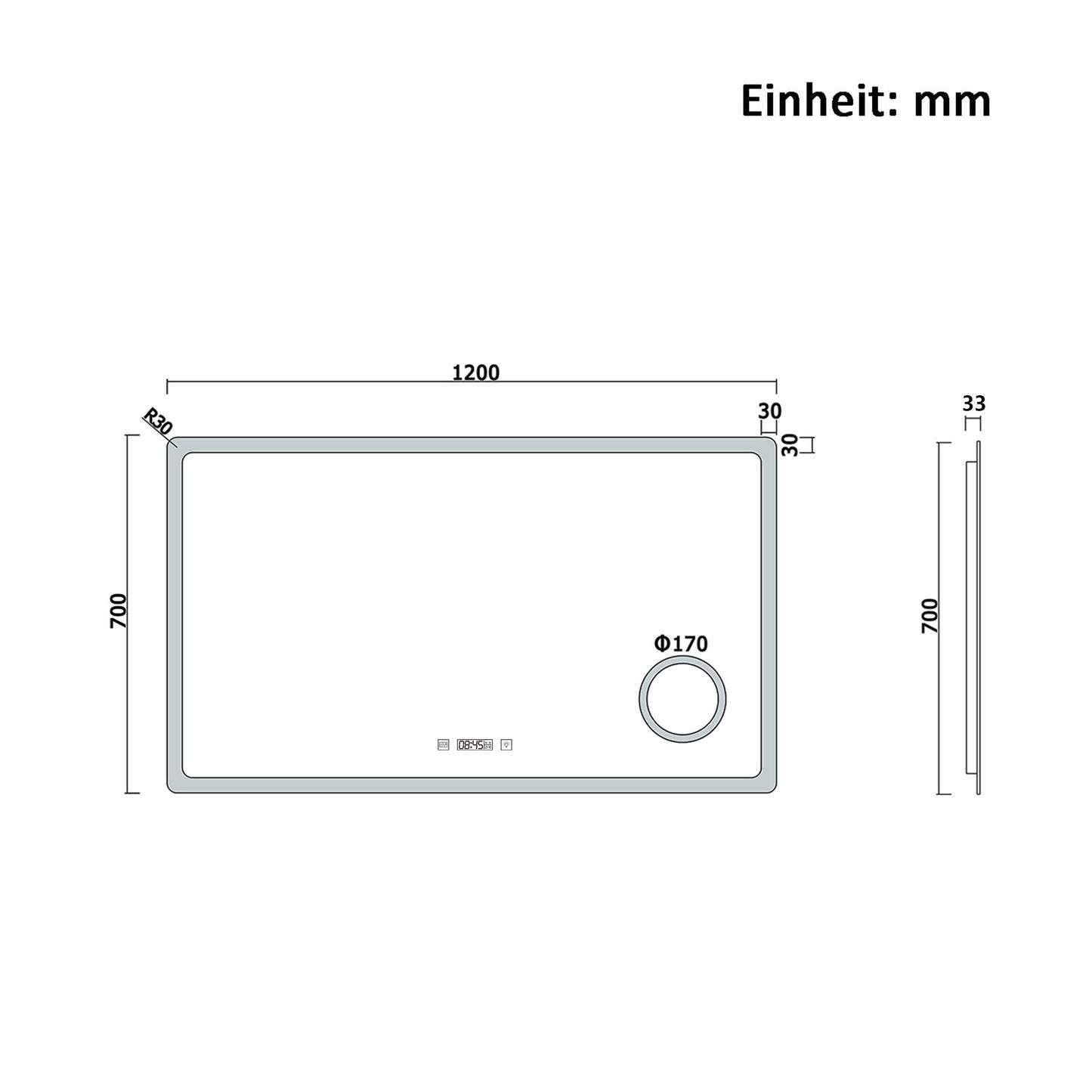 120x70cm LED Badspiegel mit Uhr,Touch und 3x Vergrößernder Kosmetikspiegel,Badspiegel mit Beleuchtung,Beschlagfrei,Badezimmerspiegel mit 3 Lichtfarbe 2700-6500K Dimmbar,IP44