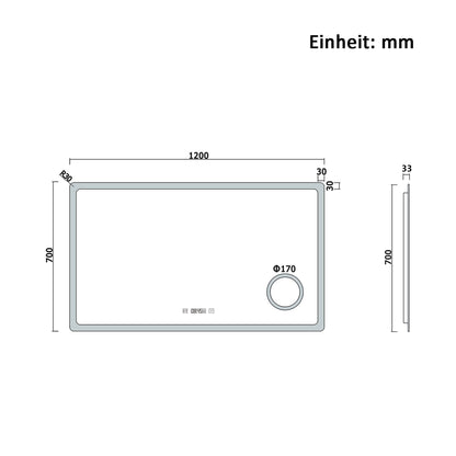120x70cm LED Badspiegel mit Uhr,Touch und 3x Vergrößernder Kosmetikspiegel,Badspiegel mit Beleuchtung,Beschlagfrei,Badezimmerspiegel mit 3 Lichtfarbe 2700-6500K Dimmbar,IP44